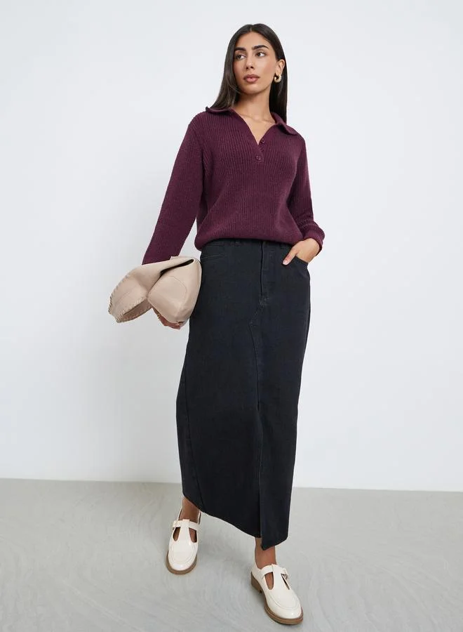 Styli Styli Burgundy Regular Fit Knit Sweater with Button Placket