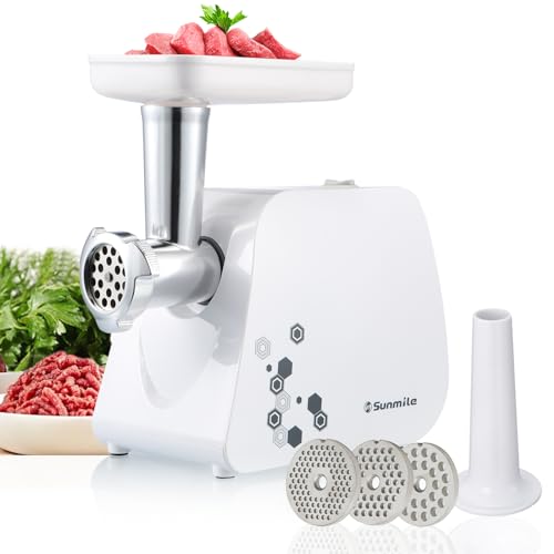 Sunmile Electric Meat Grinder and Sausage Maker - 1HP 1000W Max - Stainless Steel Cutting Blade and 3 Grinding Plates,1 Big Sausage Staff Maker, White - Image 1