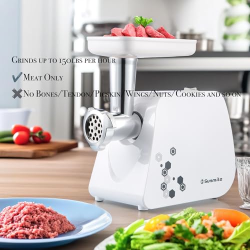 Sunmile Electric Meat Grinder and Sausage Maker - 1HP 1000W Max - Stainless Steel Cutting Blade and 3 Grinding Plates,1 Big Sausage Staff Maker, White - Image 5