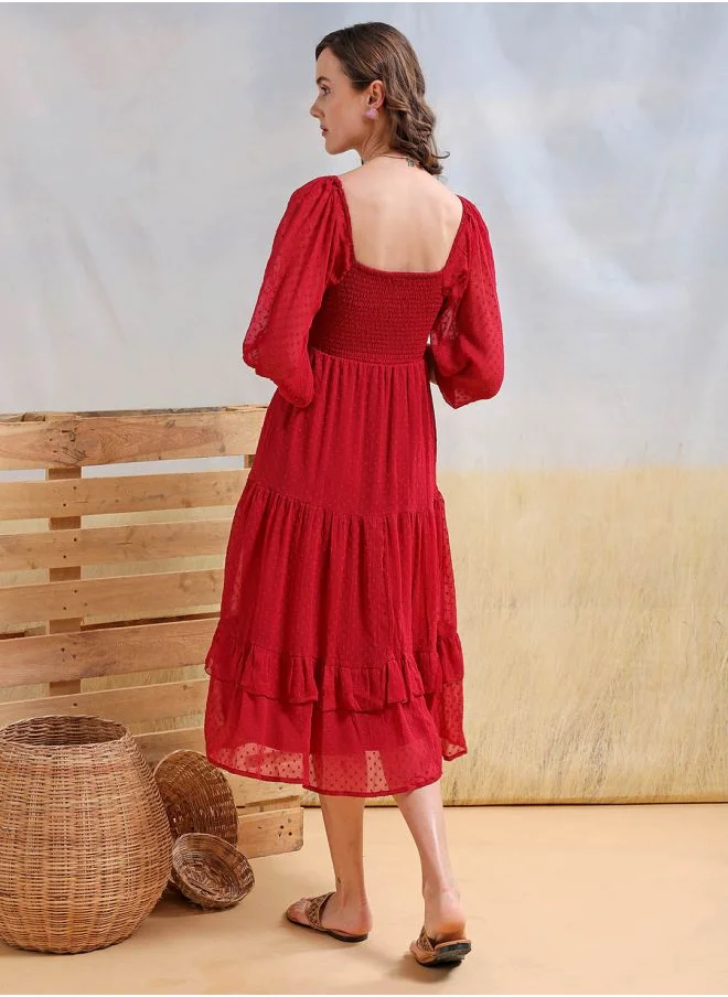 Freehand Women Fit and Flared Casual Textured Tiered Dress