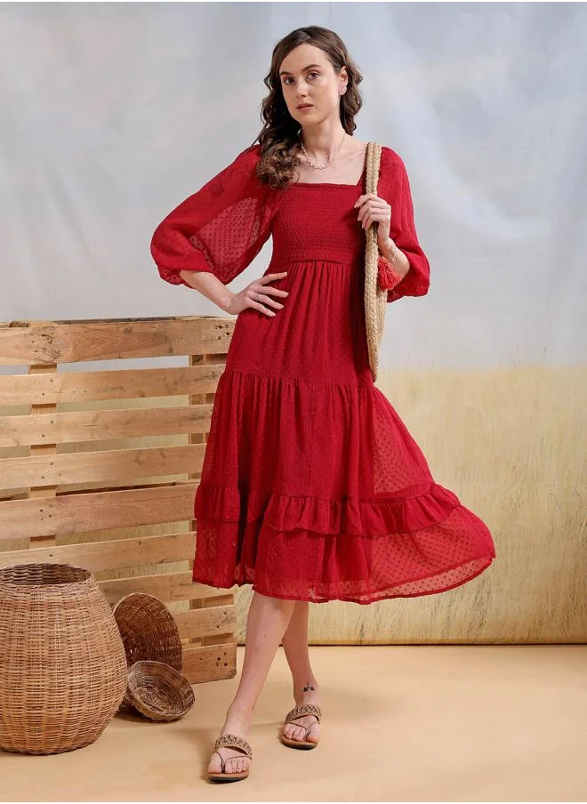 Freehand Women Fit and Flared Casual Textured Tiered Dress