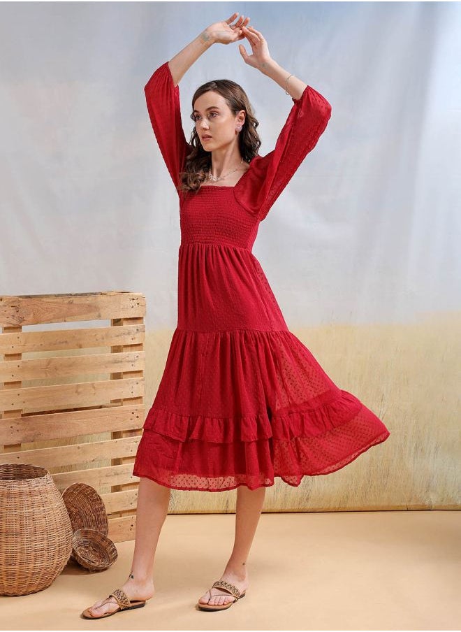 Freehand Women Fit and Flared Casual Textured Tiered Dress  - Image 3