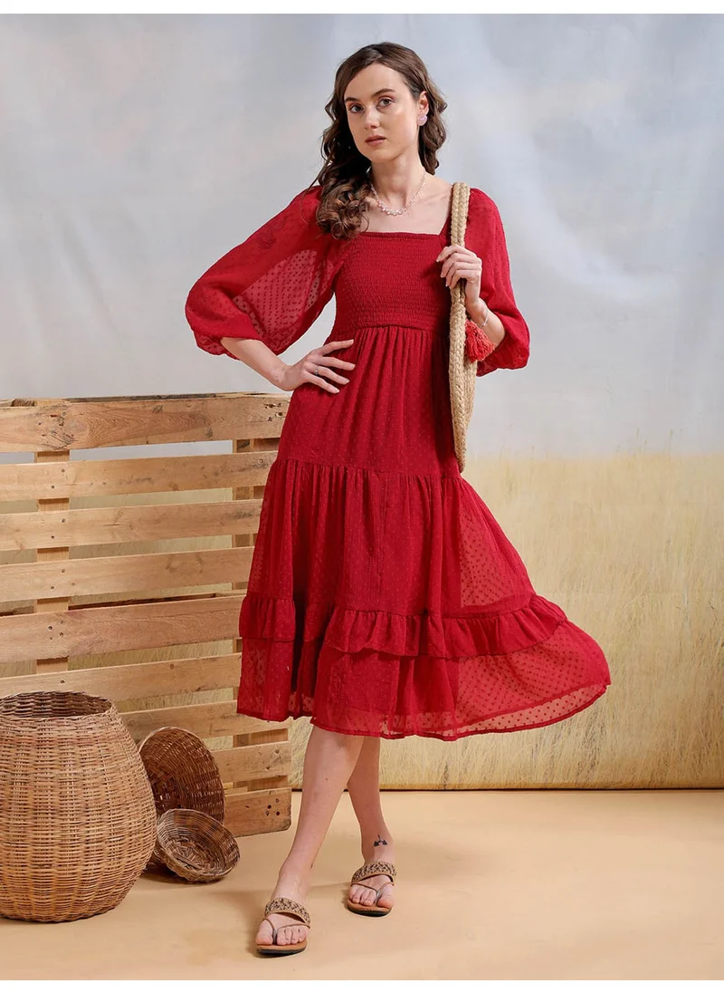 مرفوعة Women Casual Fit And Flare Textured Tiered Square Neck Tiered Dress