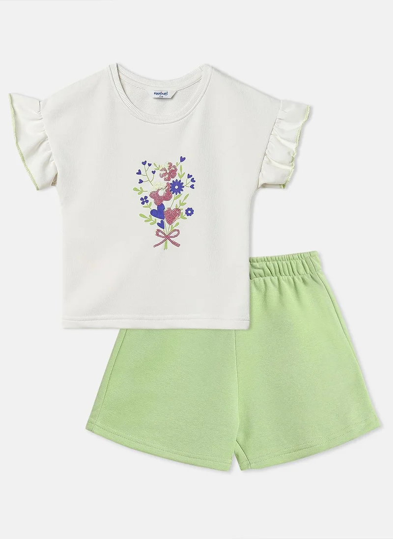 نوتيناتي Nautinati Girls Floral Print T-shirt and Shorts Combo Set