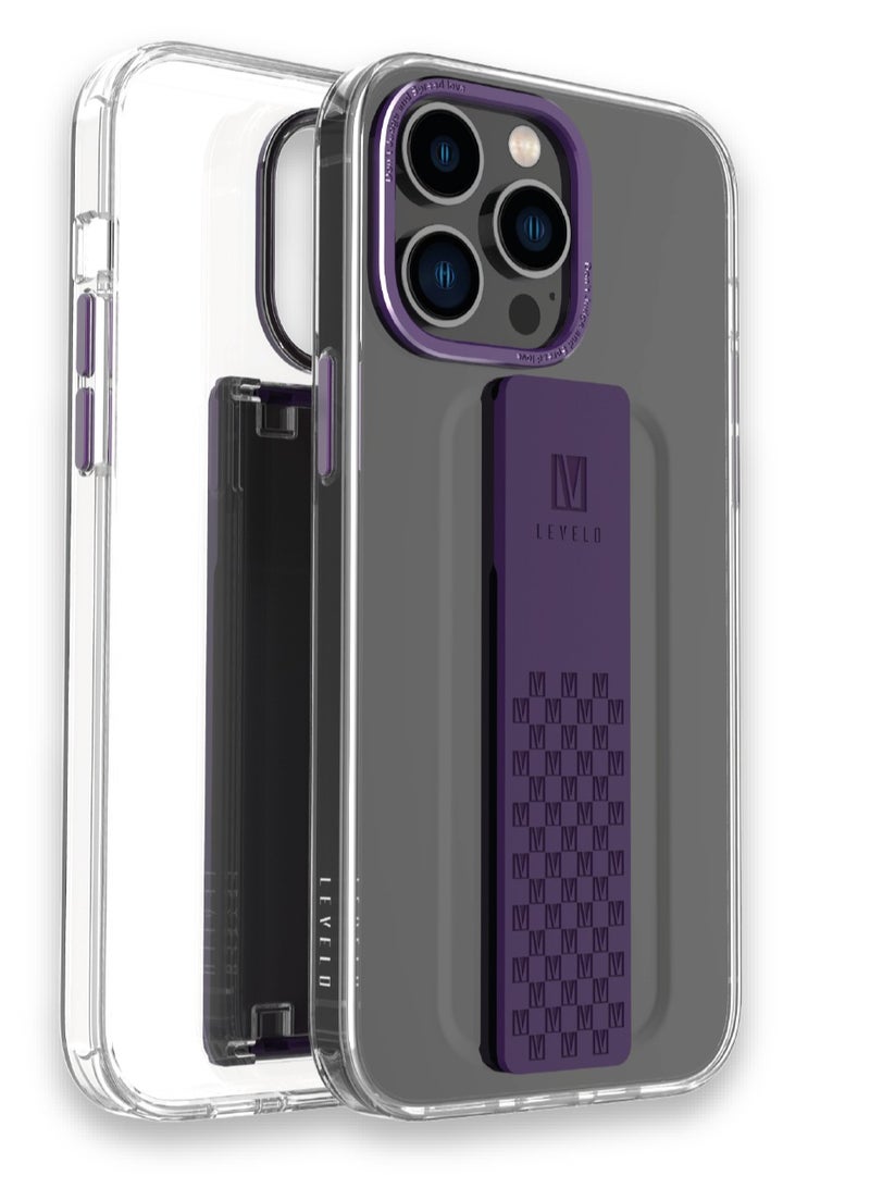 ليفيلو حافظة آيفون 14 برو جرافيا IMD شفافة مع قبضة إضافية - بنفسجي