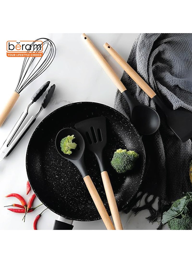 Beram - Silicone Cooking Utensils Set, 13 Pieces, Includes Tongs, Spoon, Spatula and Turner Made of Heat Resistant Food Grade Silicone and Wooden Handles, Non Stick Kitchen Tools - Image 1