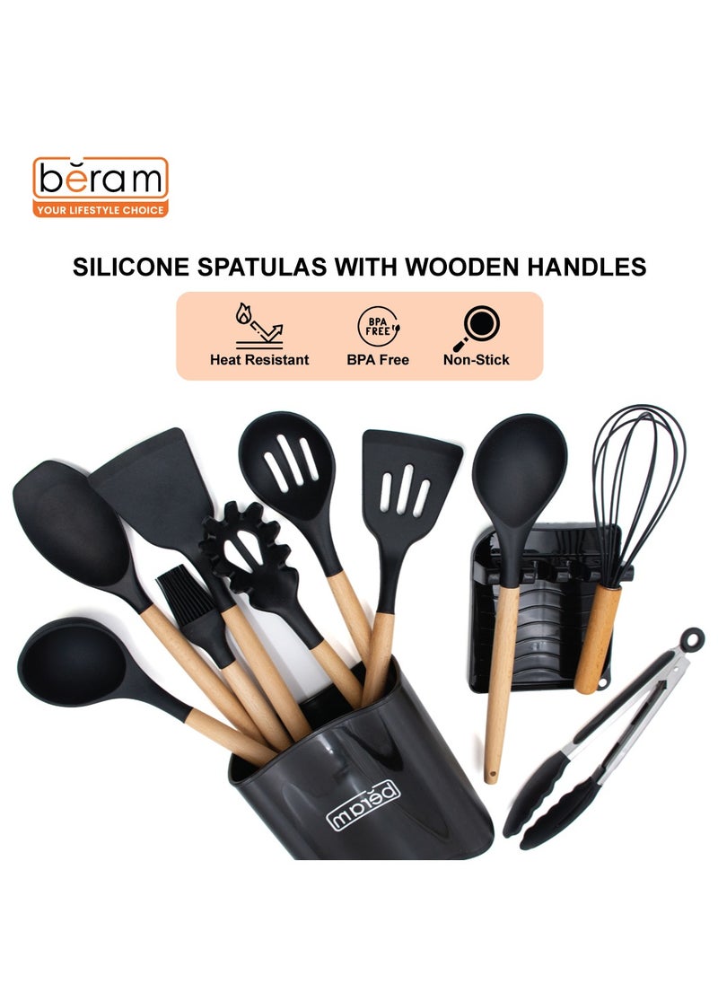 Beram - Silicone Cooking Utensils Set, 13 Pieces, Includes Tongs, Spoon, Spatula and Turner Made of Heat Resistant Food Grade Silicone and Wooden Handles, Non Stick Kitchen Tools - Image 1
