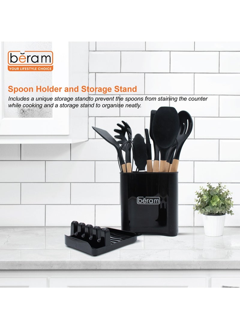 Beram - Silicone Cooking Utensils Set, 13 Pieces, Includes Tongs, Spoon, Spatula and Turner Made of Heat Resistant Food Grade Silicone and Wooden Handles, Non Stick Kitchen Tools - Image 1