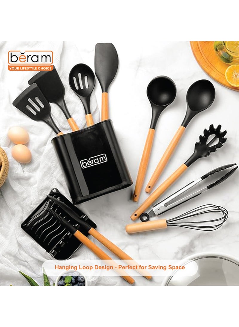 Beram - Silicone Cooking Utensils Set, 13 Pieces, Includes Tongs, Spoon, Spatula and Turner Made of Heat Resistant Food Grade Silicone and Wooden Handles, Non Stick Kitchen Tools - Image 1