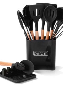 Silicone Cooking Utensils Set, 13 Pieces, Includes Tongs, Spoon, Spatula and Turner Made of Heat Resistant Food Grade Silicone and Wooden Handles, Non Stick Kitchen Tools