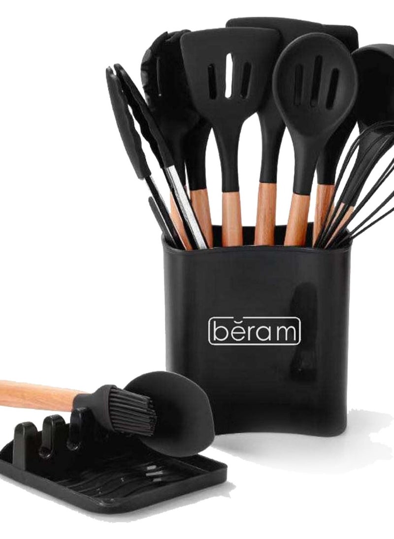 Beram - Silicone Cooking Utensils Set, 13 Pieces, Includes Tongs, Spoon, Spatula and Turner Made of Heat Resistant Food Grade Silicone and Wooden Handles, Non Stick Kitchen Tools - Image 1