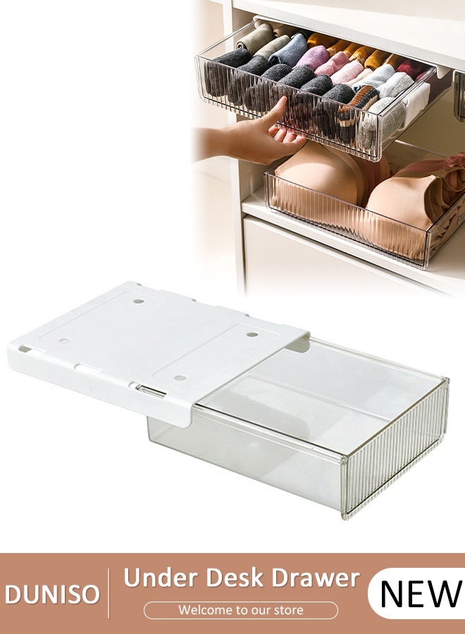 DUNISO منظم أدراج تحت المكتب، ذاتي اللصق، سعة كبيرة لتخزين الطلاب، صينية أدراج مخفية لسطح المكتب، صندوق تخزين أدراج غير مرئي لغرفة النوم في المكتب - Image 1