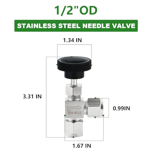 TAISHER 1PCS 304 Stainless Steel Compression Tube Square 90 Degree Needle Valve 1/2"" Tube OD x 1/2"" Tube OD For Flow Control Water Gas Oil, Silver - Image 2