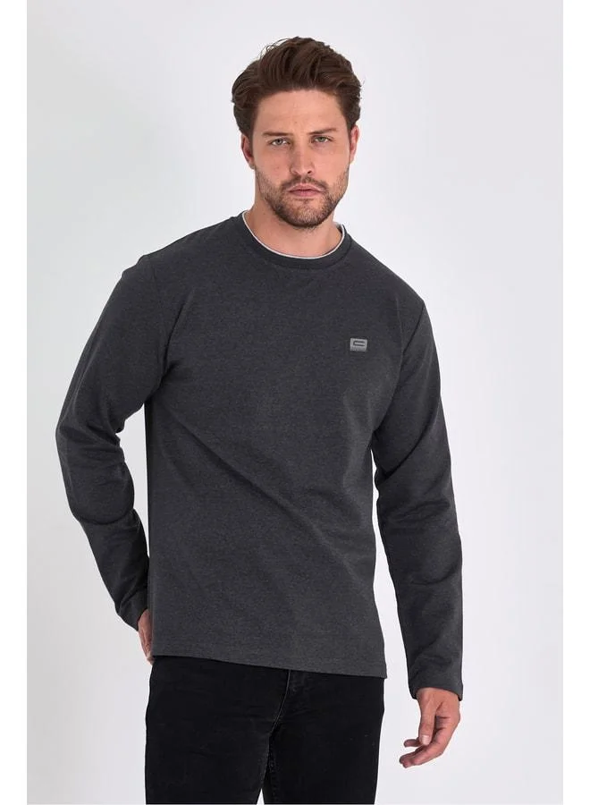 mmetalic Men's Navy Blue Double Crew Neck Sweatshirt with Print Details, Standard Relaxed Fit