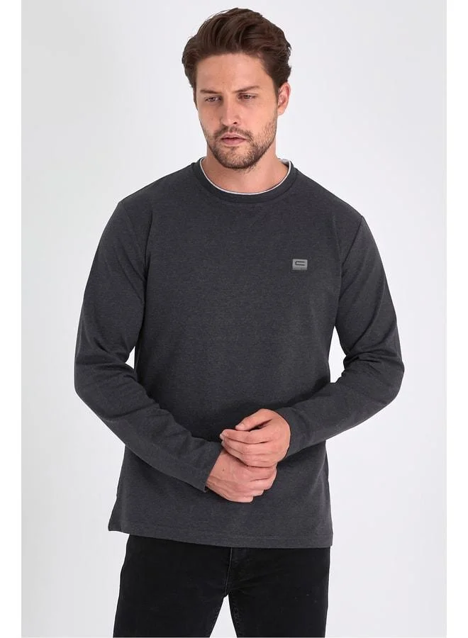 mmetalic Men's Navy Blue Double Crew Neck Sweatshirt with Print Details, Standard Relaxed Fit