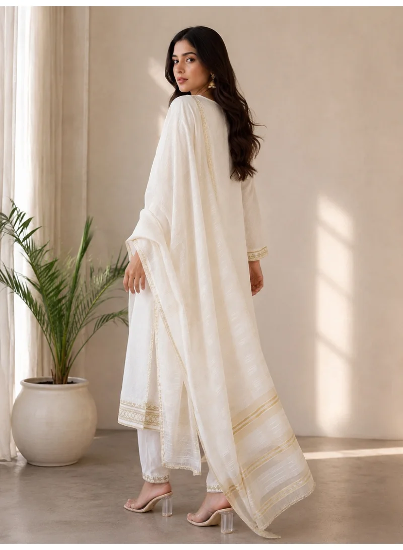 Lehar Elegant Ivory Embroidered Kurta, Salwar & Striped Woven Dupatta Set