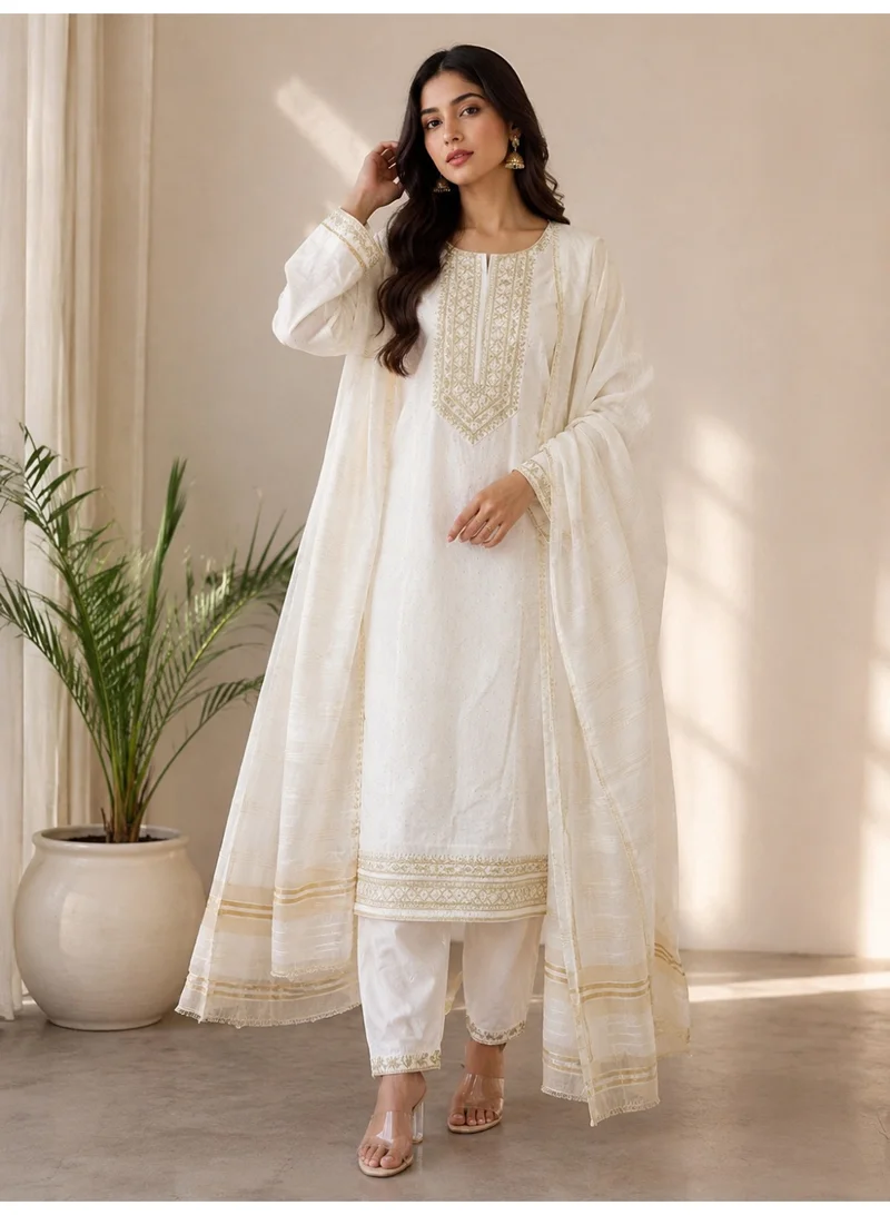 Lehar Elegant Ivory Embroidered Kurta, Salwar & Striped Woven Dupatta Set