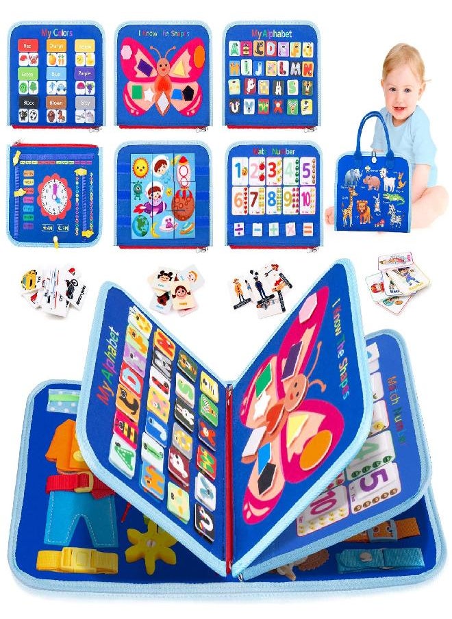 Splaks - Splaks Toddler Busy Board with DIY Page, 20 in 1 Montessori Toys Sensory Activity Toys Preschool Educational Toys to Learn Basic Skills, for Airplane Car Travel (Upgrade Blue) - Image 1