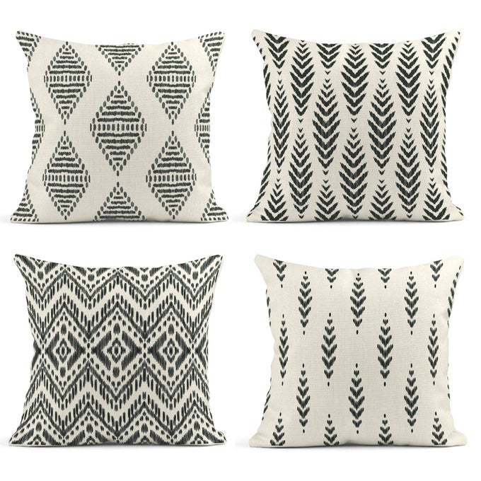 SET OF 4 THROW PILLOW COVERS IKAT TRIBAL AND BOHO BOHEMIAN BLACK ETHNIC HERRINGBONE FOR IDEAS DECOR LINEN OUTDOOR PILLOW CASES HOME DECORATIVE SQUARE 18X18 INCHES PILLOWCASES