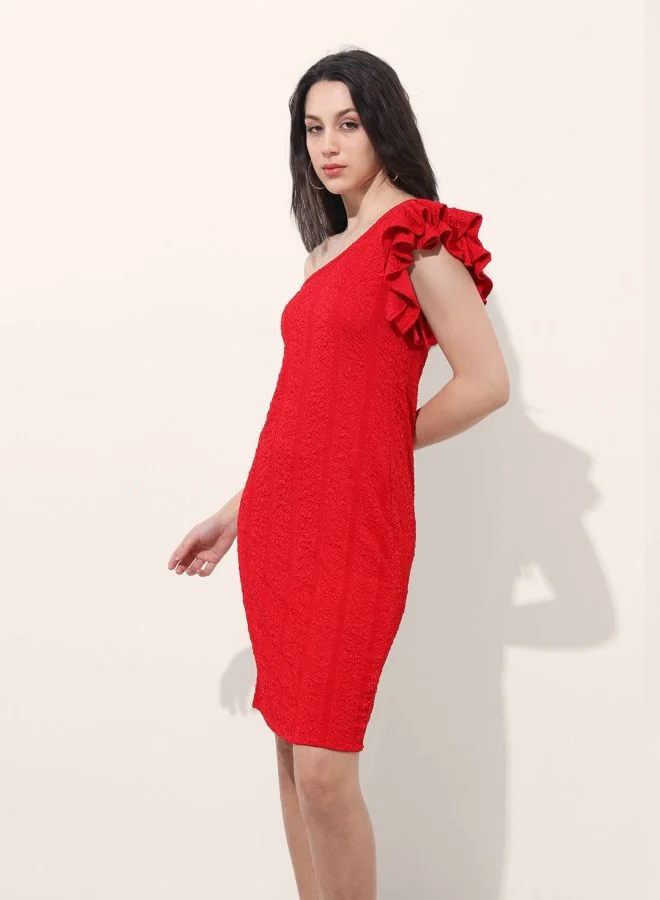 Freehand  Women Regular Fit Textured Asymmetric Neck Sleeveless One Shoulder Dress for Women | Best Price UAE