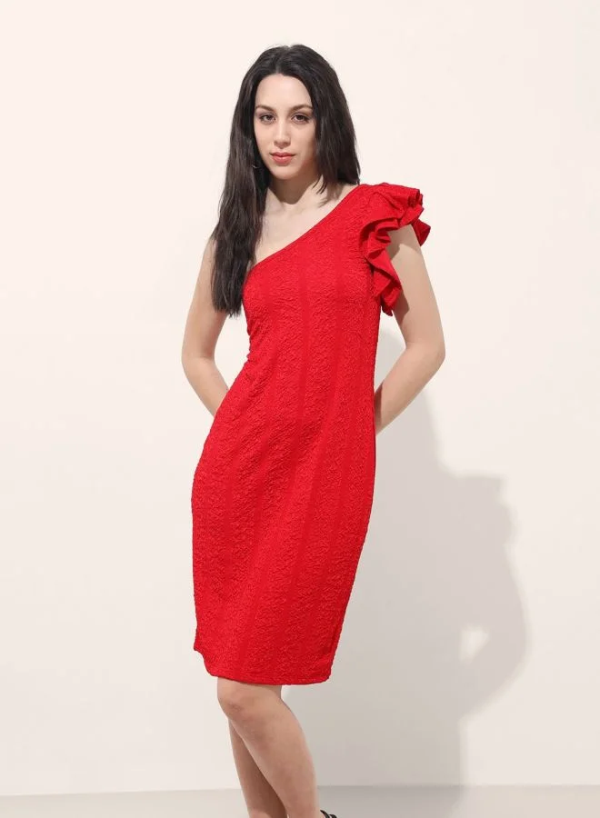 Women Regular Fit Textured Asymmetric Neck Sleeveless One Shoulder Dress