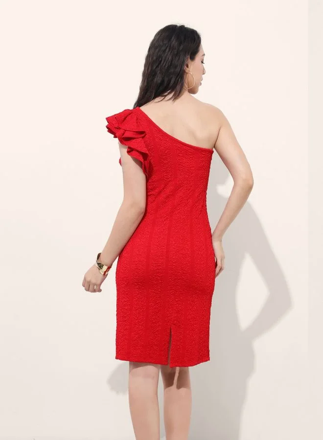 Freehand  Women Regular Fit Textured Asymmetric Neck Sleeveless One Shoulder Dress for Women | Best Price UAE