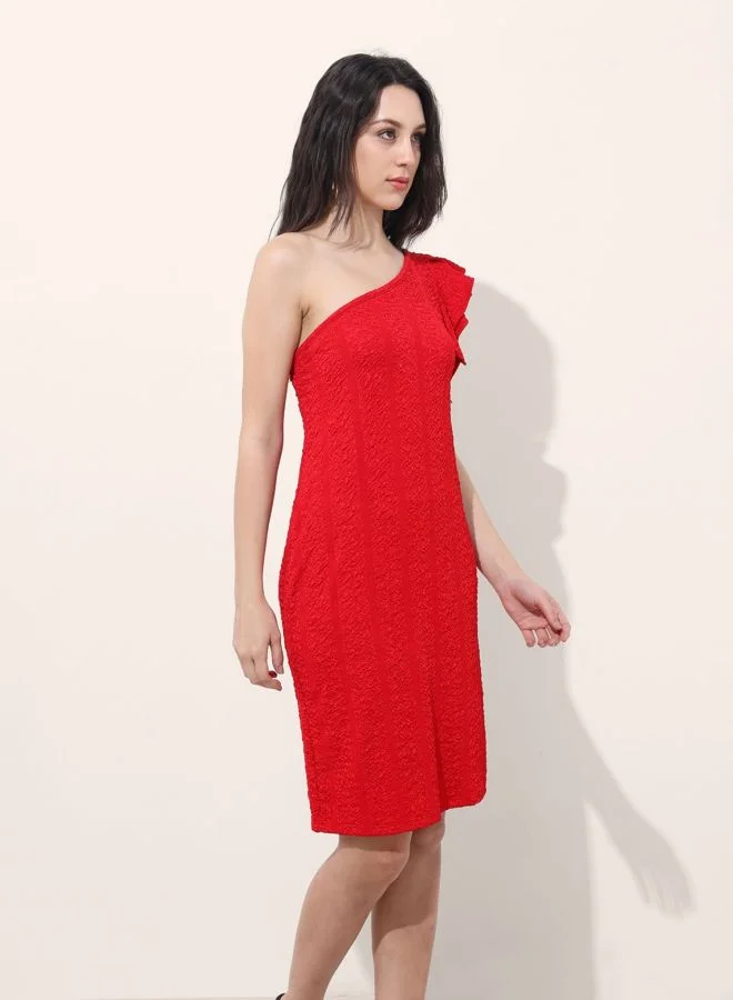 Freehand  Women Regular Fit Textured Asymmetric Neck Sleeveless One Shoulder Dress for Women | Best Price UAE