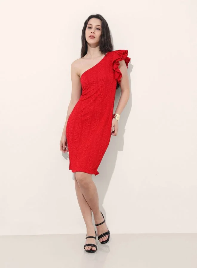 Freehand  Women Regular Fit Textured Asymmetric Neck Sleeveless One Shoulder Dress for Women | Best Price UAE