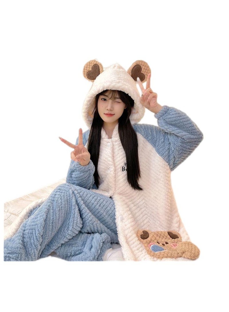 KUYING Winter jacquard large V velvet pajamas with a two-piece hooded set for home wear and pajamas - Image 1