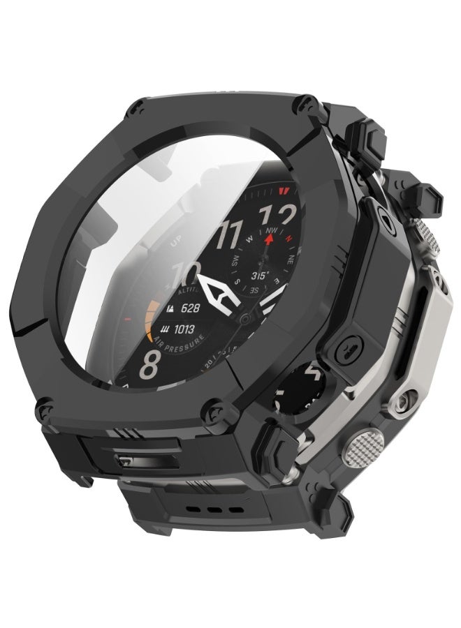 قضية صلبة لـ Amazfit T-Rex Ultra 2 مع حامي الشاشة ، قضية حامية للكمبيوتر الشخصي الصلبة مقاومة للصدمات غطاء مضاد للخدش مع الزجاج المقوى (أسود) - Image 1