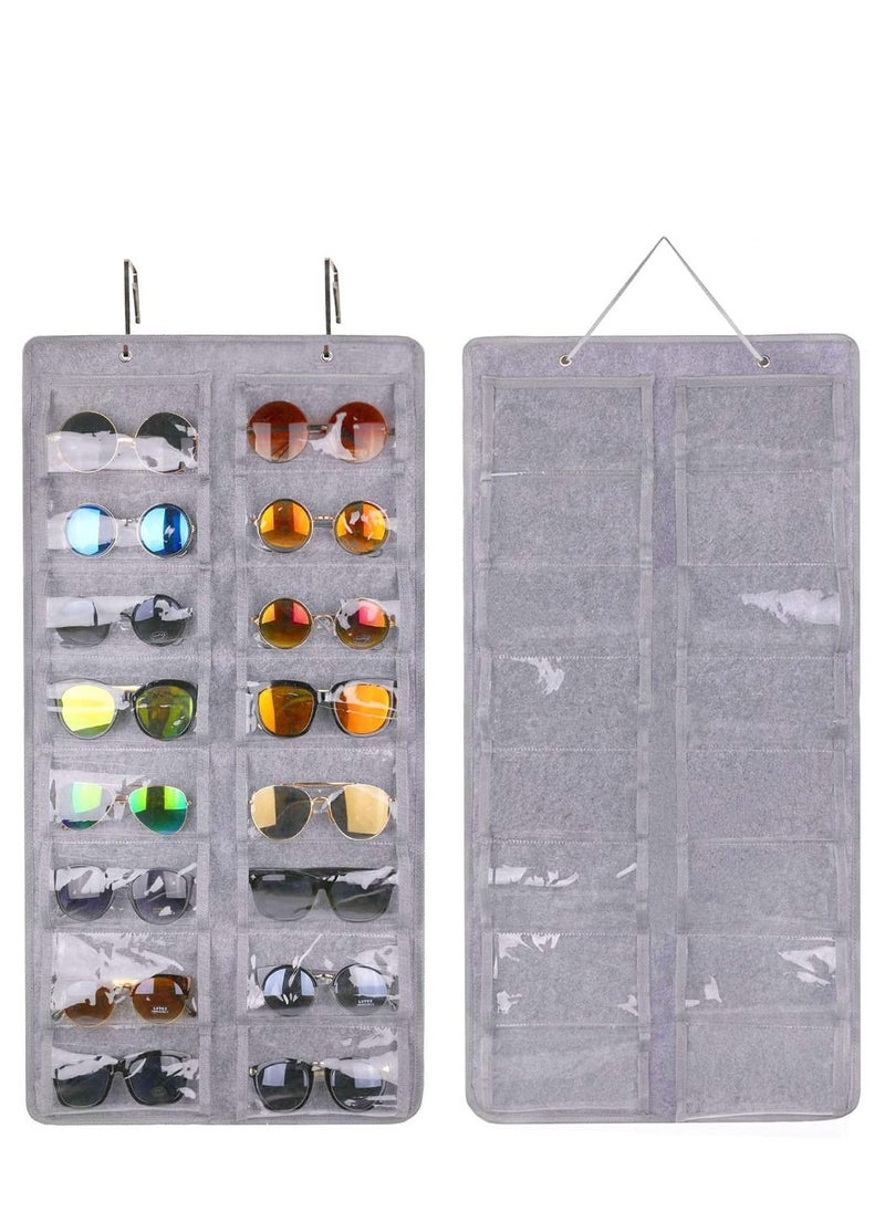 SYOSI Sunglasses Organizer Storage Holder ,Hanging Dust-Proof Glasses Storage Box with Metal Hook and Rope (16 Slots, Gray)  - Image 1