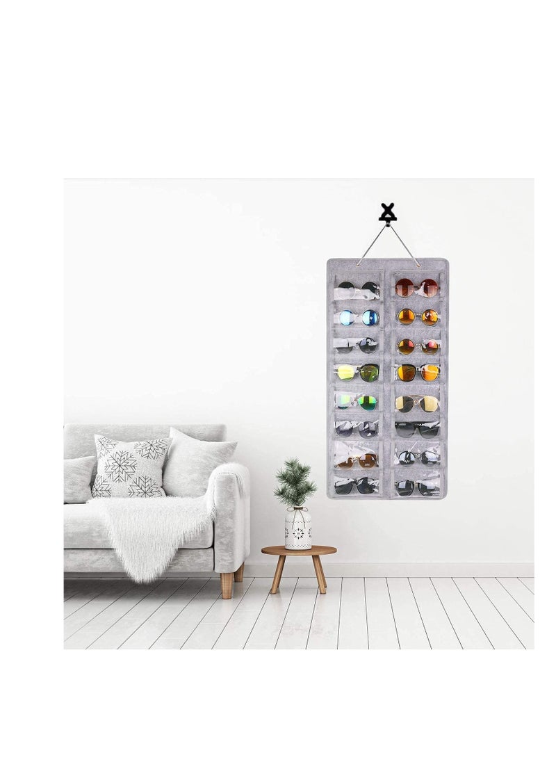 SYOSI Sunglasses Organizer Storage Holder ,Hanging Dust-Proof Glasses Storage Box with Metal Hook and Rope (16 Slots, Gray)  - Image 2