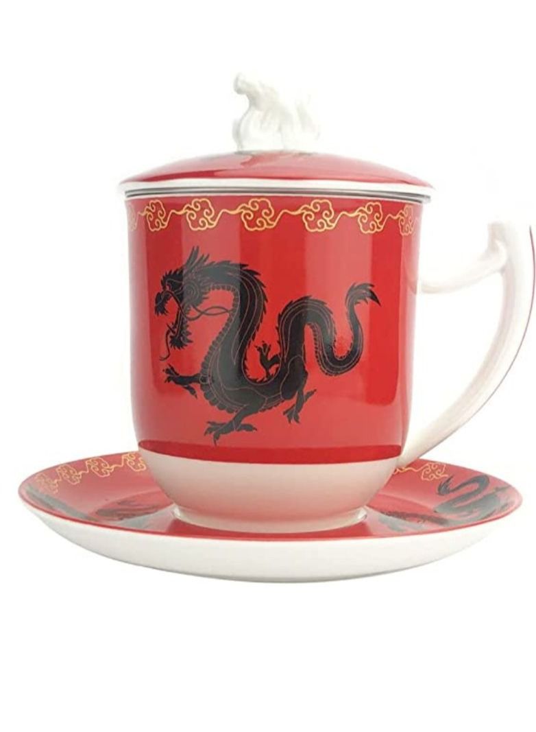 تيلاند كوب خزفي سحري من البورسلين الفاخر آمن في الميكروويف مع غطاء ومصفاة لشاي الأوراق السائبة 4 قطع - Image 1