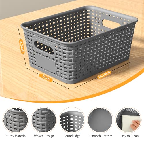 WRRLORS Gray Plastic Storage Baskets - Pack of 8 with Labels Stackable Durable Storage Bins, Storage Containers for Organizing Desks, Closets, Playrooms, Classrooms, Offices - Image 2