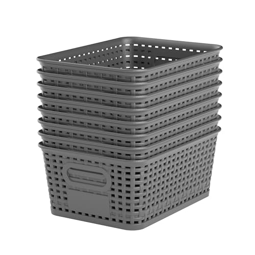 WRRLORS Gray Plastic Storage Baskets - Pack of 8 with Labels Stackable Durable Storage Bins, Storage Containers for Organizing Desks, Closets, Playrooms, Classrooms, Offices - Image 1
