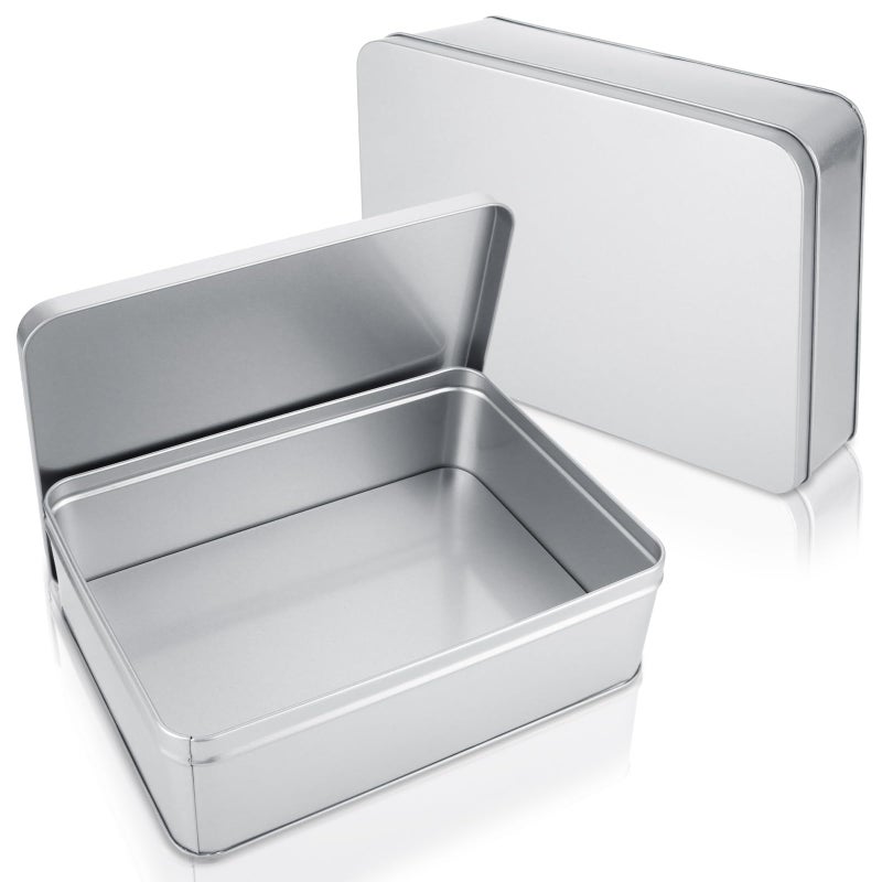 ZOFORTY 2Pcs Metal Tin Box, 8.6â€x 6.3â€x 2.5â€Rectangular Empty Tin Box Containers with Lids, Large Tinplate Containers for Home Organizer, Gifts, Cookies, Pencil Case, Car Keys, Craft Storage, Silver Tone - Image 1