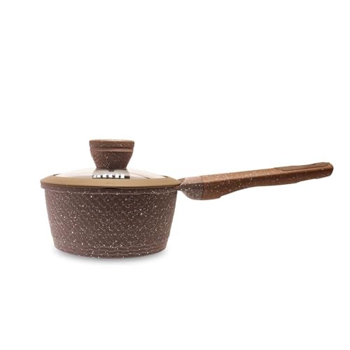 ATTIL - 16 cm - Non Stick Sauce Pan with Glass Lid - Induction Base - Granite Cookware Sauce Pan 1.25Ltr, Granite Brown - Image 1