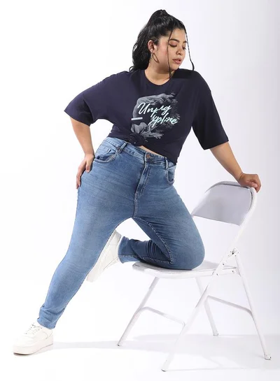 HIGH STAR Women's Navy 100% Cotton Printed Plus Size Oversized T-Shirt