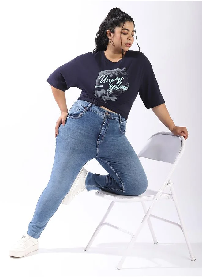 HIGH STAR Navy T-shirts Printed Slip-on Knitted Round Neck Half Sleeves Plus Size T-Shirt for Women – Style that defines you