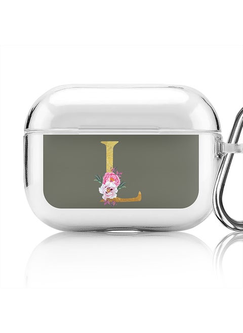 Classic Clear printed Case for Apple Airpods Pro Soft TPU Gel Thin Transparent Flexible Cover - Custom Monogram Initial Letter Floral Pattern Alphabet - L (Olive Green )