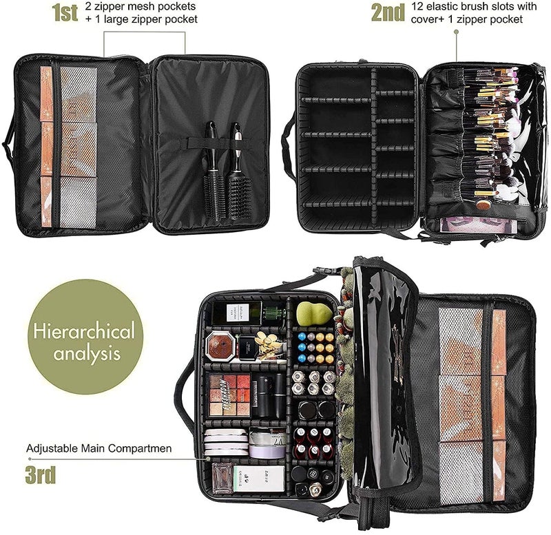 SHAMAX Professional Makeup Case Bag for Women Travel Cosmetic Kit Storage Vanity Box Vanity Bag for Cosmetics Makeup Brush Bag with Adjustable Dividers Organiser (Black, 18 Inch (2 Layer)) - Image 5