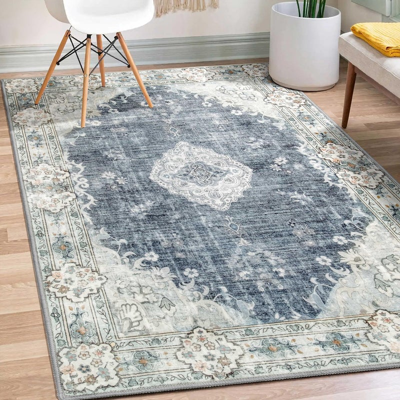 MUJOO Boho Rug 3x5 Blue Grey Rugs Machine Washable Area Rug Small Non Slip Throw Rugs for Entryway Bedroom Bedside Kitchen Hallway Living Room Laundry Room Indoor Carpet Soft LowPile Floral