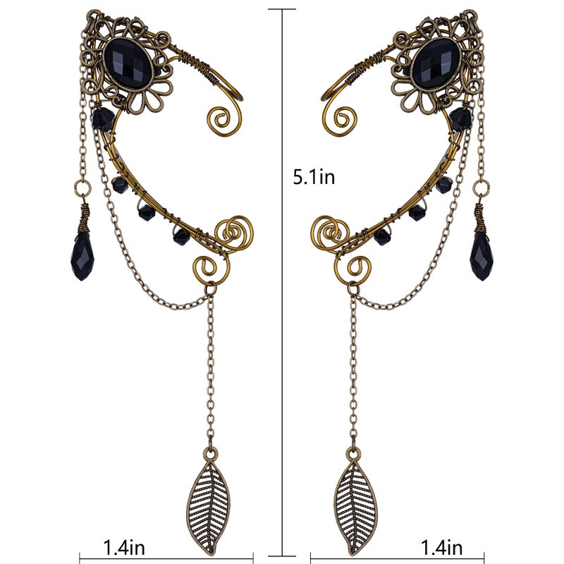 FRESHME Renaissance Black Crystal Rhinestone Fairy Elf Ear Cuffs - Antique Flower Leaf Earrings - Elven Dangle Ear Clips - Cartilage Ear - Women's Christmas Halloween Renaissance Cosplay Costume Prop - Image 3