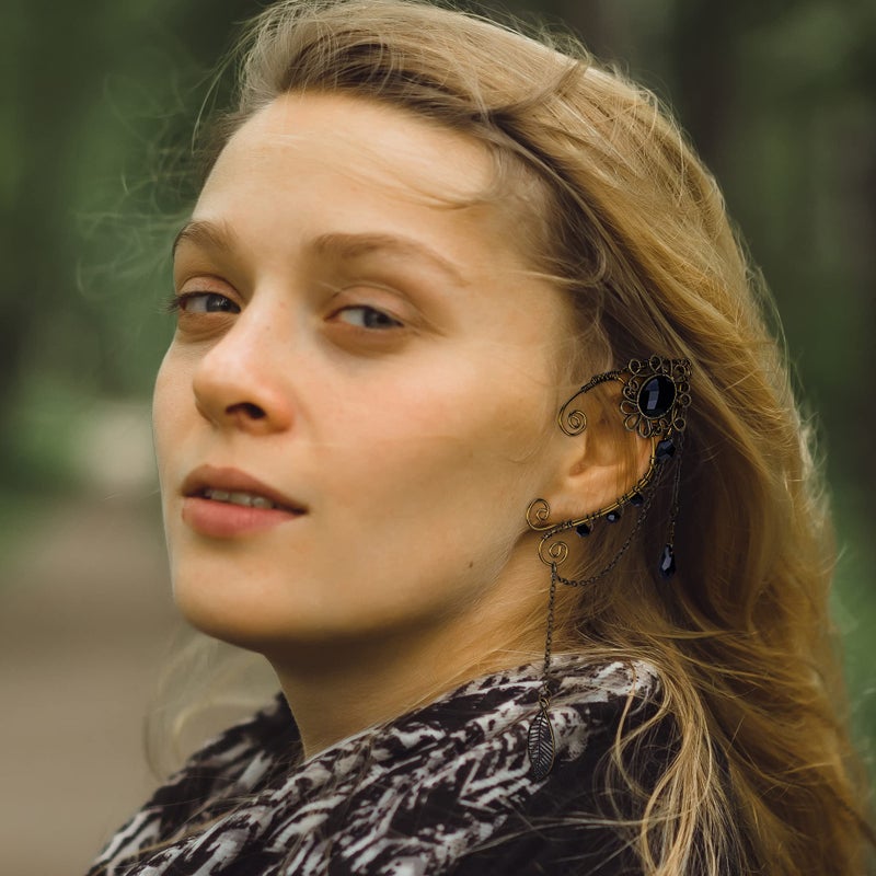 FRESHME Renaissance Black Crystal Rhinestone Fairy Elf Ear Cuffs - Antique Flower Leaf Earrings - Elven Dangle Ear Clips - Cartilage Ear - Women's Christmas Halloween Renaissance Cosplay Costume Prop - Image 5