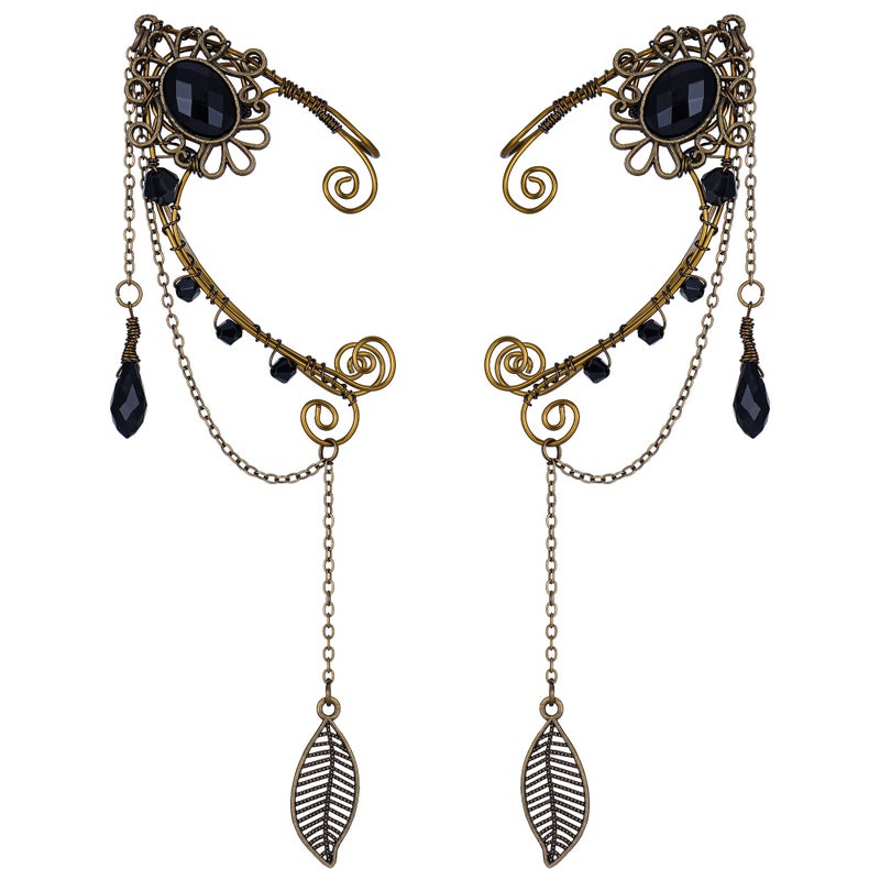 FRESHME Renaissance Black Crystal Rhinestone Fairy Elf Ear Cuffs - Antique Flower Leaf Earrings - Elven Dangle Ear Clips - Cartilage Ear - Women's Christmas Halloween Renaissance Cosplay Costume Prop - Image 1
