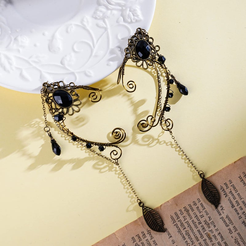 FRESHME Renaissance Black Crystal Rhinestone Fairy Elf Ear Cuffs - Antique Flower Leaf Earrings - Elven Dangle Ear Clips - Cartilage Ear - Women's Christmas Halloween Renaissance Cosplay Costume Prop - Image 2