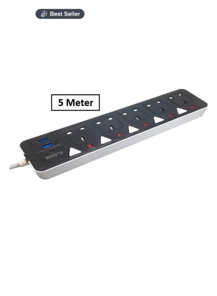 Electricity connection 5 meters Best Power Extension Cable | Electricity strips, extension cord, 5 sockets | 2 USB port | 1 Type-C port | Fast shipping | Charging socket connection connection for surg - Image 2