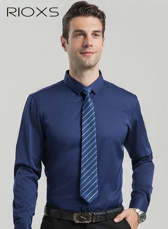 ريوكس قميص أزرق كحلي للرجال، قميص عمل رسمي للرجال، قميص عمل رسمي بقصة ضيقة مناسب للأعمال، قميص مكتب بوليستر بأكمام طويلة، قميص عمل أساسي للرجال، قميص عمل أساسي للرجال بلون أزرق داكن مع ياقة منتشرة، قميص عمل احترافي للرجال، ملابس عمل أساسية للربيع والخريف - Image 1