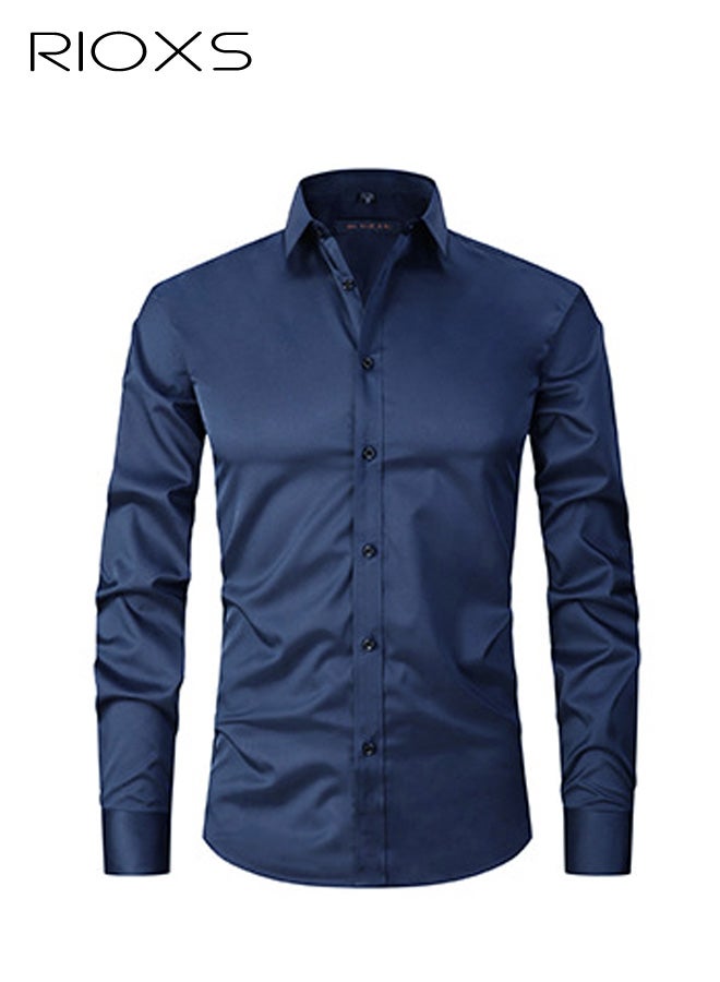 ريوكس قميص أزرق كحلي للرجال، قميص عمل رسمي للرجال، قميص عمل رسمي بقصة ضيقة مناسب للأعمال، قميص مكتب بوليستر بأكمام طويلة، قميص عمل أساسي للرجال، قميص عمل أساسي للرجال بلون أزرق داكن مع ياقة منتشرة، قميص عمل احترافي للرجال، ملابس عمل أساسية للربيع والخريف - Image 3
