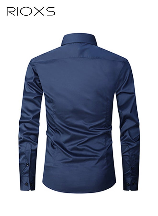 ريوكس قميص أزرق كحلي للرجال، قميص عمل رسمي للرجال، قميص عمل رسمي بقصة ضيقة مناسب للأعمال، قميص مكتب بوليستر بأكمام طويلة، قميص عمل أساسي للرجال، قميص عمل أساسي للرجال بلون أزرق داكن مع ياقة منتشرة، قميص عمل احترافي للرجال، ملابس عمل أساسية للربيع والخريف - Image 4